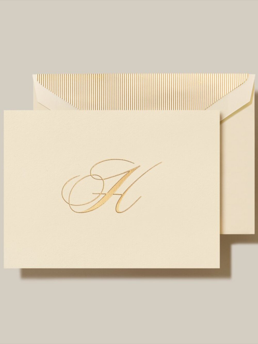 NIB SET 10 Crane & Co GOLD HAND Engraved "H" SCRIPT Initial FOLDED Note Card